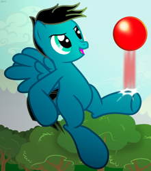 Size: 5826x6600 | Tagged: safe, artist:agkandphotomaker2000, oc, oc:pony video maker, species:pegasus, species:pony, g4, ball, flying, forest, hill, kicking, pegasus oc, show accurate, tree, wings