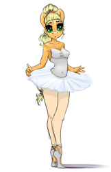 Size: 1329x2048 | Tagged: safe, artist:skitsroom, character:applejack, species:anthro, species:plantigrade anthro, g4, alternate hairstyle, applerina, ballerina, breasts, clothing, female, open mouth, simple background, solo, tutu, white background