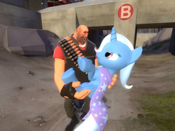 Size: 900x675 | Tagged: safe, artist:pika-robo, character:trixie, species:human, species:pony, species:unicorn, crossover, duo, gmod, heavy weapons guy, holding a pony, looking at each other, team fortress 2, trixie is not amused, unamused