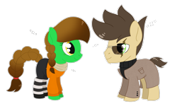 Size: 3257x2048 | Tagged: safe, artist:dyonys, oc, oc only, oc:lucky brush, oc:night chaser, species:earth pony, species:pony, g4, clothing, coat, female, freckles, glasses, male, mare, scarf, simple background, skirt, stallion, sweater, transparent background, turtleneck