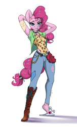Size: 1244x2048 | Tagged: safe, artist:skitsroom, character:pinkie pie, species:anthro, species:earth pony, species:plantigrade anthro, species:pony, g4, arm behind head, boots, clothing, high heel boots, high heels, jeans, leotard, looking at you, mouth hold, pants, punk, ripped jeans, shirt, shoes, slippers, tail wrap