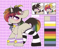 Size: 2400x2000 | Tagged: safe, artist:etoz, oc, oc only, oc:agap, species:pony, species:unicorn, g4, angry, bell, blushing, cat bell, clothing, collar, cute, femboy, horn, male, multicolored hair, rainbow hair, reference sheet, socks, stallion, stockings, text, thigh highs, tsundere, unicorn oc