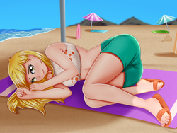 Size: 2000x1500 | Tagged: safe, artist:focusb, character:derpy hooves, species:human, g4, my little pony:equestria girls, breasts, busty derpy hooves, clothing, cute, derpabetes, feet, human coloration, looking at you, ocean, sand, sandals, solo, swimsuit, umbrella, water