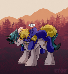 Size: 2200x2400 | Tagged: safe, artist:etoz, oc, oc only, oc:ironsides, oc:spore, species:earth pony, species:pony, g4, commission, cute, earth pony oc, forest, grass, happy, lying down, lying on top of someone, male, mountain, sky, sleeping, snore, stallion, tree