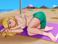 Size: 1280x960 | Tagged: safe, alternate version, artist:focusb, edit, editor:thomasfan45, character:derpy hooves, species:human, g4, my little pony:equestria girls, barefoot, beach, beach towel, bikini, breasts, busty derpy hooves, clothing, curled up, cute, derpabetes, feet, female, human coloration, legs, looking at you, lying down, midriff, ocean, sand, sandcastle, sexy, solo, swimsuit, umbrella, water