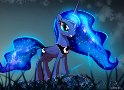 Size: 2960x2160 | Tagged: safe, artist:zidanemina, character:princess luna, species:alicorn, species:pony, g4, dawn, ethereal mane, galaxy mane, grass, missing accessory, solo