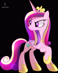 Size: 3417x4309 | Tagged: safe, artist:zidanemina, character:princess cadance, species:alicorn, species:pony, g4, black background, cutie mark, female, high res, looking back, mare, raised hoof, simple background, smiling, solo