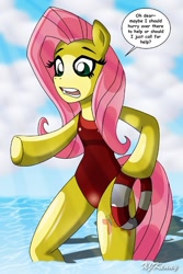 Size: 550x821 | Tagged: safe, artist:xjkenny, character:fluttershy, species:anthro, species:unguligrade anthro, arm hooves, baywatch, clothing, lifeguard, one-piece swimsuit, swimsuit