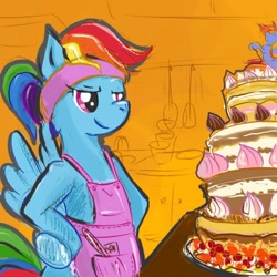 Size: 500x500 | Tagged: safe, artist:maytee, character:rainbow dash, species:pegasus, species:pony, amused, apron, baking, bipedal, cake, clothing, female, food, mare, rainbow dash always dresses in style, simple background, solo, table