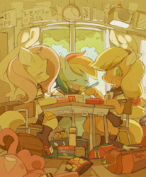 Size: 618x750 | Tagged: safe, artist:rikose, character:applejack, character:fluttershy, character:pinkie pie, character:rainbow dash, species:anthro, backpack, barrette, chair, chopsticks, clock, clothing, curtains, desk, dexterous hooves, eating, food, intercom, iphone, japanese, mcdonald's, pleated skirt, product placement, satchel, school uniform, schoolgirl, skirt, window
