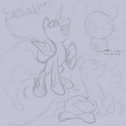 Size: 900x900 | Tagged: safe, artist:snowseed, artist:tomatocoup, character:nightmare moon, character:princess luna, cookie, cute, fangs, female, filly, food, monochrome, open mouth, prone, raised hoof, sketch, sketch dump, smiling, smirk, solo, spread wings, wings, younger