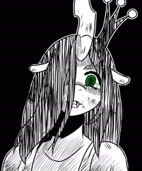 Size: 1280x1536 | Tagged: safe, artist:ss2sonic, character:queen chrysalis, species:anthro, species:changeling, changeling queen, female, monochrome, neo noir, partial color, yandere, yanderesalis
