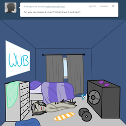 Size: 1000x1000 | Tagged: safe, artist:verminshy, character:dj pon-3, character:octavia melody, character:vinyl scratch, bed, bedroom, messy, room, tumblr