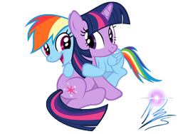 Size: 8000x6000 | Tagged: safe, artist:nightmaremoons, character:rainbow dash, character:twilight sparkle, species:pony, ship:twidash, absurd resolution, cute, duo, eye contact, female, happy, hug, hug from behind, lesbian, looking at each other, mare, open mouth, shipping, simple background, smiling, transparent background, vector
