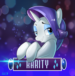 Size: 1861x1895 | Tagged: safe, artist:skyline19, character:rarity, species:pony, species:unicorn, abstract background, bubble, crossed hooves, eyeshadow, female, glow, gradient background, grin, leaning, lidded eyes, looking at you, makeup, mare, smiling, solo, text