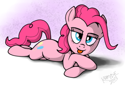 Size: 1576x1096 | Tagged: safe, artist:killryde, character:pinkie pie, bedroom eyes, belly button, blep, female, prone, solo, sploot, tongue out
