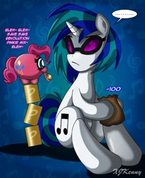 Size: 550x679 | Tagged: safe, artist:xjkenny, character:dj pon-3, character:vinyl scratch, ..., pinkie bank, sitting