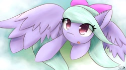 Size: 1960x1080 | Tagged: safe, artist:dshou, character:flitter, species:pegasus, species:pony, big wings, bow, cloud, colored pupils, female, flying, hair bow, looking at you, looking up, mare, open mouth, solo, spread wings, windswept mane, wings