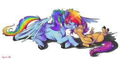 Size: 1329x648 | Tagged: safe, artist:xenon, character:rainbow dash, character:scootaloo, species:pegasus, species:pony, alternate hairstyle, blushing, boop, cheek fluff, chest fluff, cute, cutealoo, dashabetes, ear fluff, female, filly, fluffy, grin, happy, horses doing horse things, leg fluff, mare, noseboop, nuzzling, on back, ponytail, prone, rolling, scootalove, shoulder fluff, simple background, smiling, spread wings, underhoof, unshorn fetlocks, white background, wing fluff, wings