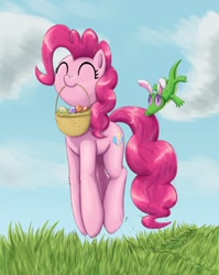 Size: 1551x1945 | Tagged: safe, artist:otakuap, character:gummy, character:pinkie pie, species:earth pony, species:pony, basket, bunny ears, cloud, cute, diapinkes, easter, easter egg, eyes closed, female, leg fluff, mare