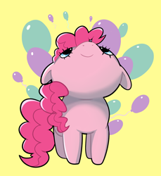 Size: 826x900 | Tagged: safe, artist:pepooni, character:pinkie pie, species:pony, balloon, cute, diapinkes, female, floppy ears, looking up, nose in the air, simple background, solo, yellow background