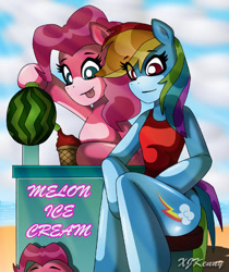 Size: 550x656 | Tagged: safe, artist:xjkenny, character:pinkie pie, character:rainbow dash, species:anthro, species:unguligrade anthro, arm hooves, food, ice cream, pinkie bank, sitting, watermelon