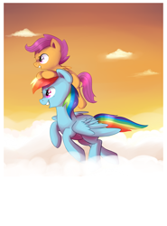 Size: 1052x1420 | Tagged: safe, artist:pepooni, character:rainbow dash, character:scootaloo, species:pegasus, species:pony, cloud, duo, on a cloud, open mouth, ponies riding ponies, profile, scootahat, scootalove, sky