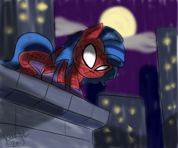 Size: 2400x2000 | Tagged: safe, artist:killryde, oc, oc only, oc:milky way, species:pony, building, crossover, crotchboobs, female, impossibly large crotchboobs, mare, moon, solo, spider mare, spider-man, spider-milk