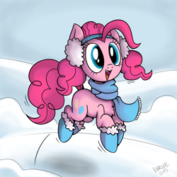 Size: 3000x3000 | Tagged: safe, artist:killryde, character:pinkie pie, species:earth pony, species:pony, boots, chest fluff, clothing, earmuffs, female, happy, pronking, scarf, shoes, snow, solo, winter