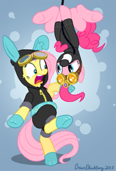 Size: 451x662 | Tagged: safe, artist:brianblackberry, character:fluttershy, character:pinkie pie, species:earth pony, species:pegasus, species:pony, episode:pinkie spy, g4, my little pony: equestria girls, bunny ears, catsuit, clothing, dangerous mission outfit, female, goggles, hoodie, mare, rope, underhoof, upside down