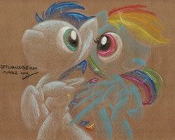 Size: 1024x820 | Tagged: safe, artist:getchanoodlewet, character:rainbow dash, character:soarin', ship:soarindash, 30 minute art challenge, female, male, shipping, straight, traditional art