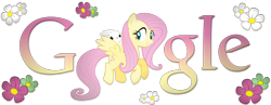 Size: 1800x700 | Tagged: safe, artist:beckiergb, artist:durpy, artist:mewtwo-ex, artist:thepatrollpl, character:angel bunny, character:fluttershy, species:pegasus, species:pony, species:rabbit, female, flower, google, logo, mare, riding, simple background, smiling, theme, transparent background