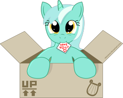 Size: 3622x2915 | Tagged: safe, artist:negasun, character:lyra heartstrings, species:pony, species:unicorn, box, bronybait, cardboard box, cute, female, heart, looking at you, lyrabetes, mouth hold, note, pony in a box, simple background, smiling, solo, transparent background