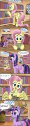 Size: 728x3019 | Tagged: safe, artist:otakuap, character:fluttershy, character:twilight sparkle, character:twilight sparkle (alicorn), oc, oc:fluffy the bringer of darkness, species:alicorn, species:pony, applejack's hat, book, clothing, comic, cowboy hat, female, fs doesn't know what she's getting into, giant moth, golden oaks library, hat, library, mare, moth, plot, this will end in tears, watership down