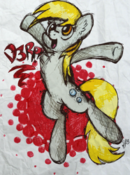 Size: 1434x1923 | Tagged: safe, artist:iroxykun, character:derpy hooves, species:pegasus, species:pony, chest fluff, female, happy, mare, solo, splash, traditional art