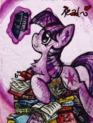 Size: 1100x1451 | Tagged: safe, artist:iroxykun, character:twilight sparkle, book, chest fluff, female, library, pile, read, solo