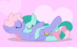 Size: 3316x2037 | Tagged: safe, artist:bluemeganium, character:rainbowshine, character:spring melody, character:sprinkle medley, cuddling, cute, eyes closed, female, heart, intertwined tails, lesbian, love, shipping, snuggling, sprinkleshine