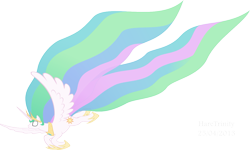 Size: 1285x773 | Tagged: safe, artist:haretrinity, character:princess celestia, species:pony, female, flying, glowing eyes, long mane, long tail, mare, simple background, solo, transparent background