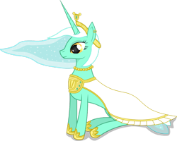 Size: 1024x819 | Tagged: safe, artist:negasun, character:lyra heartstrings, species:pony, species:unicorn, alternate hairstyle, clothing, crown, dress, female, jewelry, peytral, princess, shoes, sitting, solo