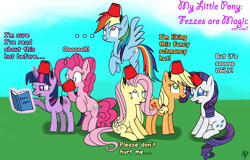 Size: 3064x1956 | Tagged: safe, artist:datahmedz, character:applejack, character:fluttershy, character:pinkie pie, character:rainbow dash, character:rarity, character:twilight sparkle, clothing, fez, hat, mane six