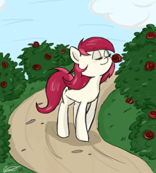 Size: 900x1000 | Tagged: safe, artist:silbersternenlicht, character:roseluck, blushing, cloud, cute, cuteluck, eyes closed, female, flower, rose, rose bush, smelling, solo