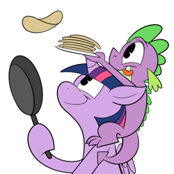 Size: 700x700 | Tagged: safe, artist:karpet-shark, character:spike, character:twilight sparkle, character:twilight sparkle (alicorn), species:alicorn, species:pony, twily-daily, cooking, female, food, frying pan, hilarious in hindsight, mare, pancakes
