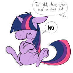 Size: 700x700 | Tagged: safe, artist:karpet-shark, character:twilight sparkle, twily-daily, angry, bangs, dialogue, female, filly, floppy ears, frown, hair over eyes, haircut, hidden eyes, manecut, scrunchy face, sitting, solo, speech bubble, tantrum