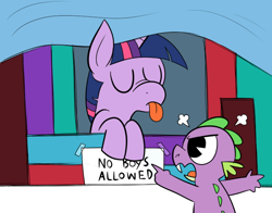 Size: 700x550 | Tagged: safe, artist:karpet-shark, character:spike, character:twilight sparkle, twily-daily, angry, blep, book fort, eyes closed, filly, leaning, no boys allowed, nose wrinkle, pointing, tongue out