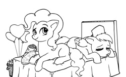 Size: 1600x971 | Tagged: safe, artist:raph13th, character:pinkie pie, character:rainbow dash, species:earth pony, species:pegasus, species:pony, ship:pinkiedash, balloon, bed, black and white, cast, female, grayscale, lesbian, lineart, looking at you, mare, missing cutie mark, monochrome, nurse, on bed, prone, shipping, simple background, sleeping, white background