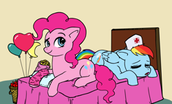 Size: 1600x971 | Tagged: safe, artist:plasters-ponies, artist:raph13th, character:pinkie pie, character:rainbow dash, species:earth pony, species:pegasus, species:pony, ship:pinkiedash, balloon, bed, cast, clothing, colored, female, hat, lesbian, looking at you, mare, nurse, nurse hat, on bed, prone, shipping, sleeping
