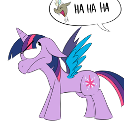 Size: 700x700 | Tagged: safe, artist:karpet-shark, character:discord, character:twilight sparkle, character:twilight sparkle (alicorn), species:alicorn, species:pony, twily-daily, dialogue, female, laughing, mare, speech bubble, transformation, wings
