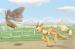 Size: 3539x2348 | Tagged: safe, artist:otakuap, character:applejack, oc, oc:fluffy the bringer of darkness, species:earth pony, species:pony, angry, animal, applejack wants her hat back, chase, clothing, female, fence, floppy ears, giant insect, giant moth, glare, hat, hatless, insect, mare, missing accessory, moth, mouth hold, open mouth, running, stealing