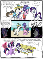 Size: 802x1096 | Tagged: safe, artist:kturtle, character:cookie crumbles, character:hondo flanks, character:rarity, character:twilight sparkle, ship:cookieflanks, beach, bench, clipboard, clothing, comic, descriptive noise, dialogue, glasses, hair bun, hat, magic, meme, nudity, park bench, quill, rarity's parents, shipping, slideshow, straw hat, telekinesis, we don't normally wear clothes