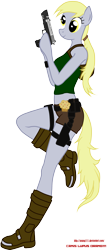 Size: 1289x2985 | Tagged: safe, artist:orang111, character:derpy hooves, species:anthro, arm hooves, derp, female, food, gun, muffin, pistol, ponytail, solo, standing, tomb raider, usp, weapon